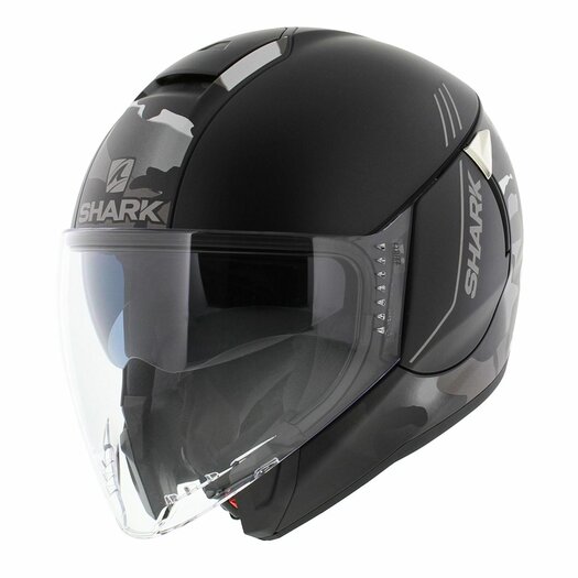 Black helmet shop with silver visor